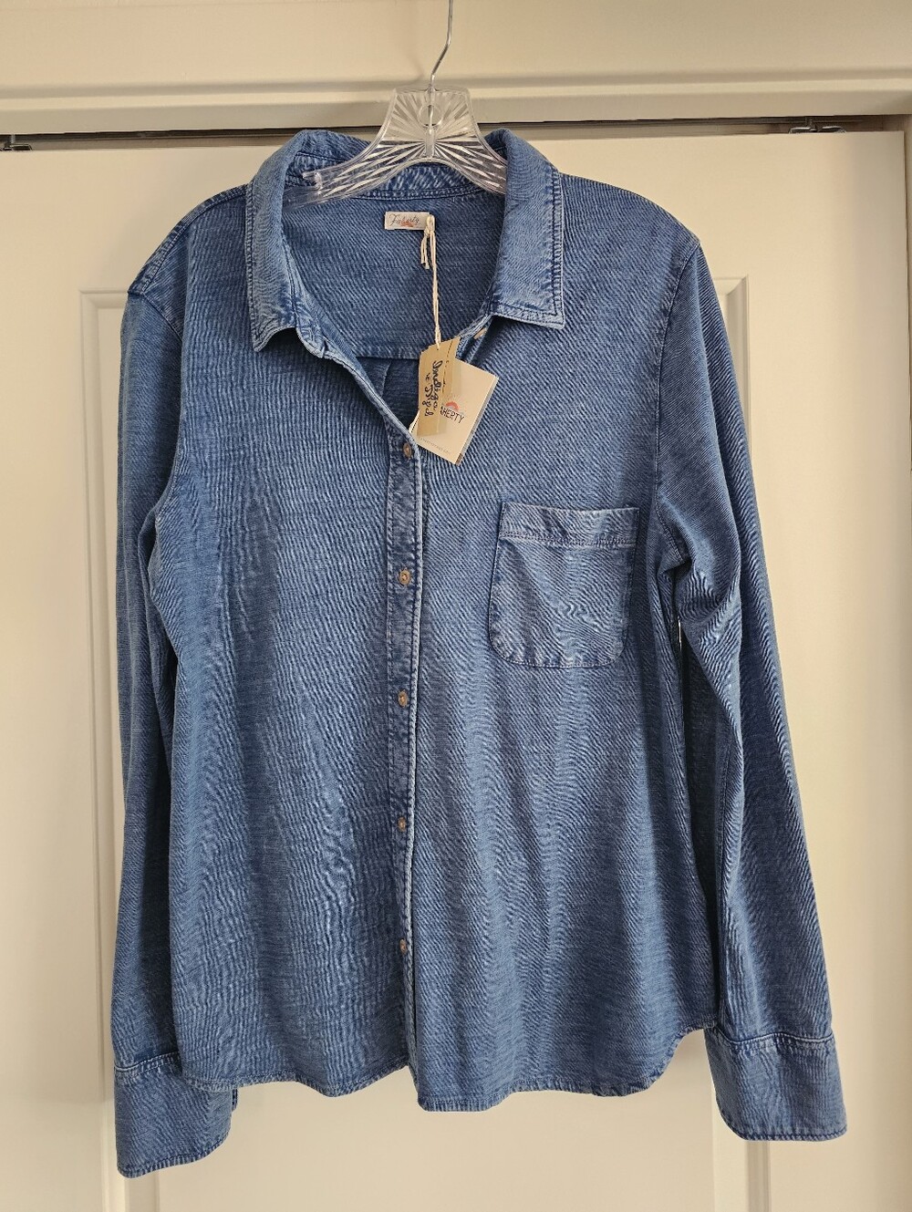 FAHERTY Women's Washed Indigo Organic Cotton Knit Shirt Sz XL NWT